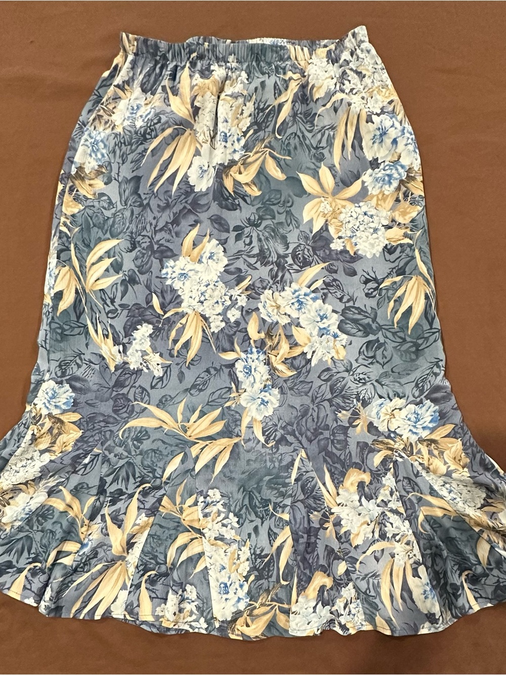 TanJay Blue and Cream Floral Midi Skirt with Ruffle Hem